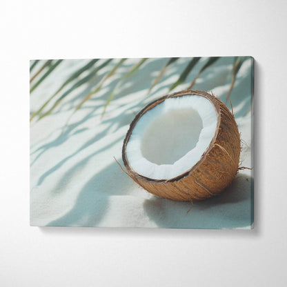 Vibrant tropical coconut on sandy beach canvas wall art for modern home decor.