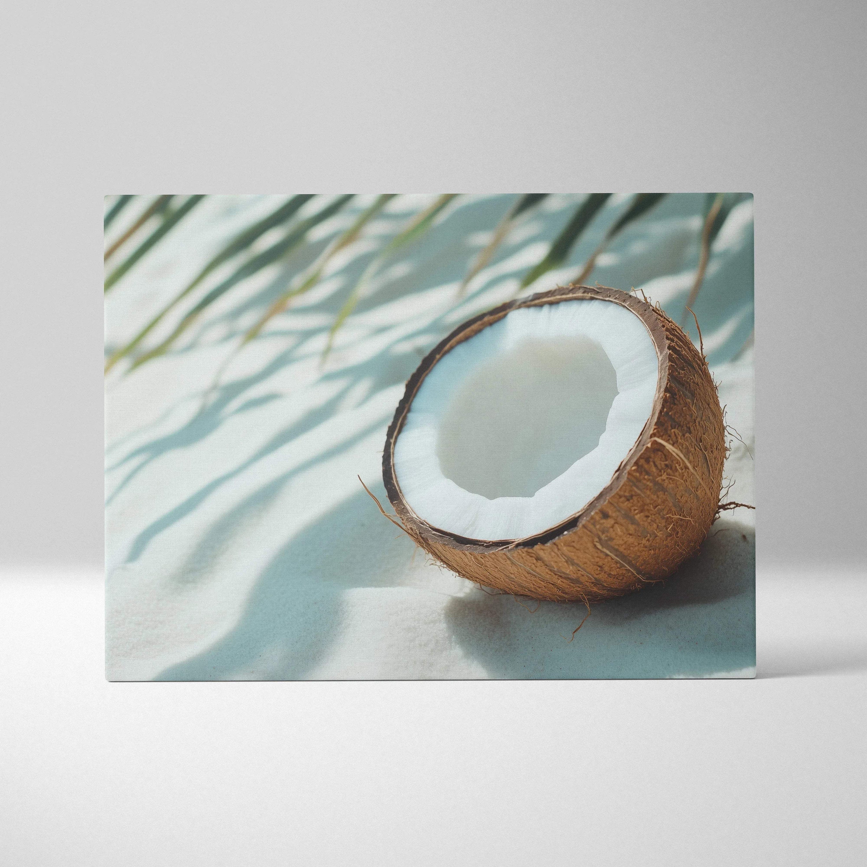 Vibrant tropical coconut on sand canvas wall art with soft shadows for modern decor.