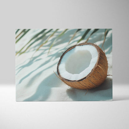 Vibrant tropical coconut on sand canvas wall art with soft shadows for modern decor.