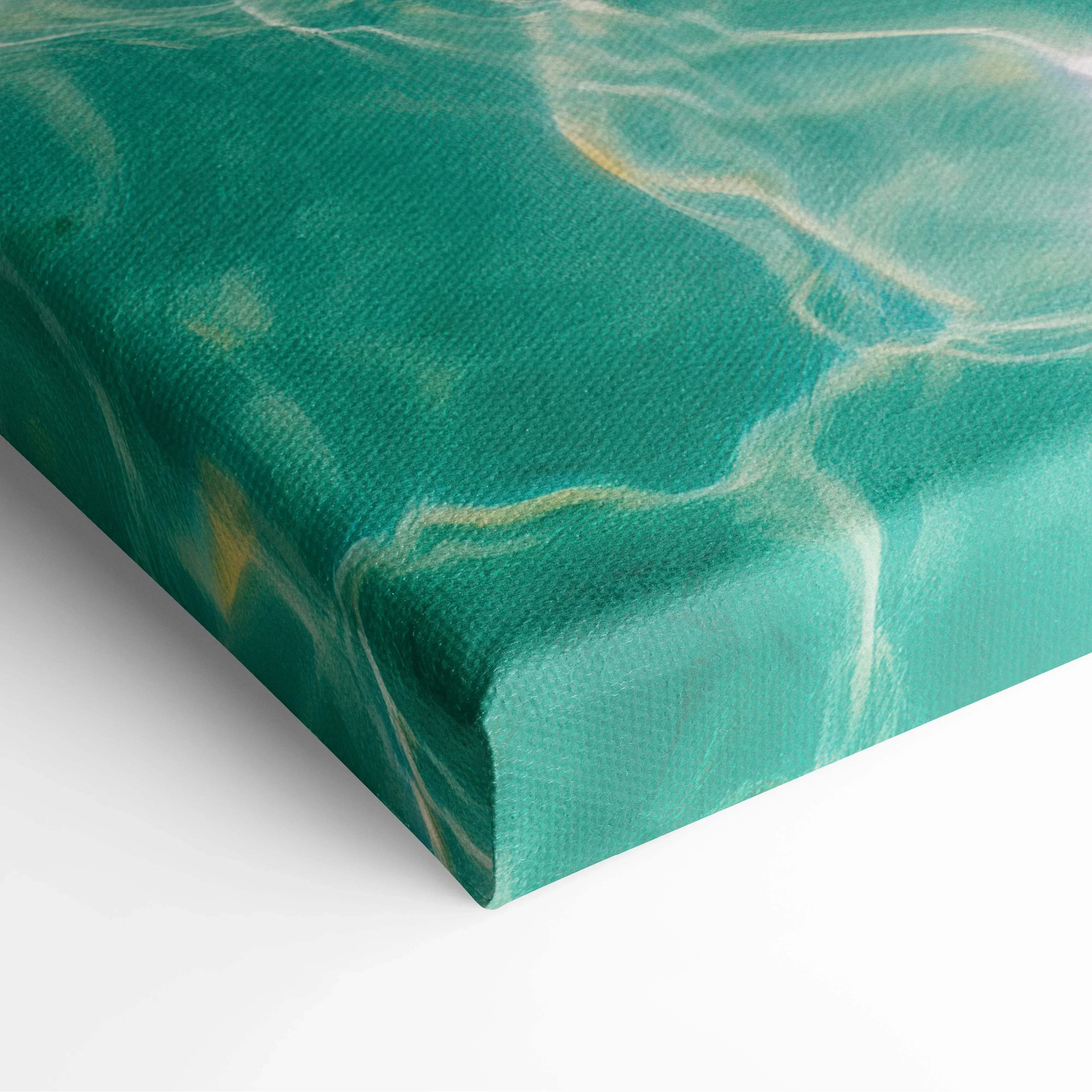 Teal and gold marbled canvas wall art with textured painted surface depicting coastal tropical ocean scene in turquoise sea
