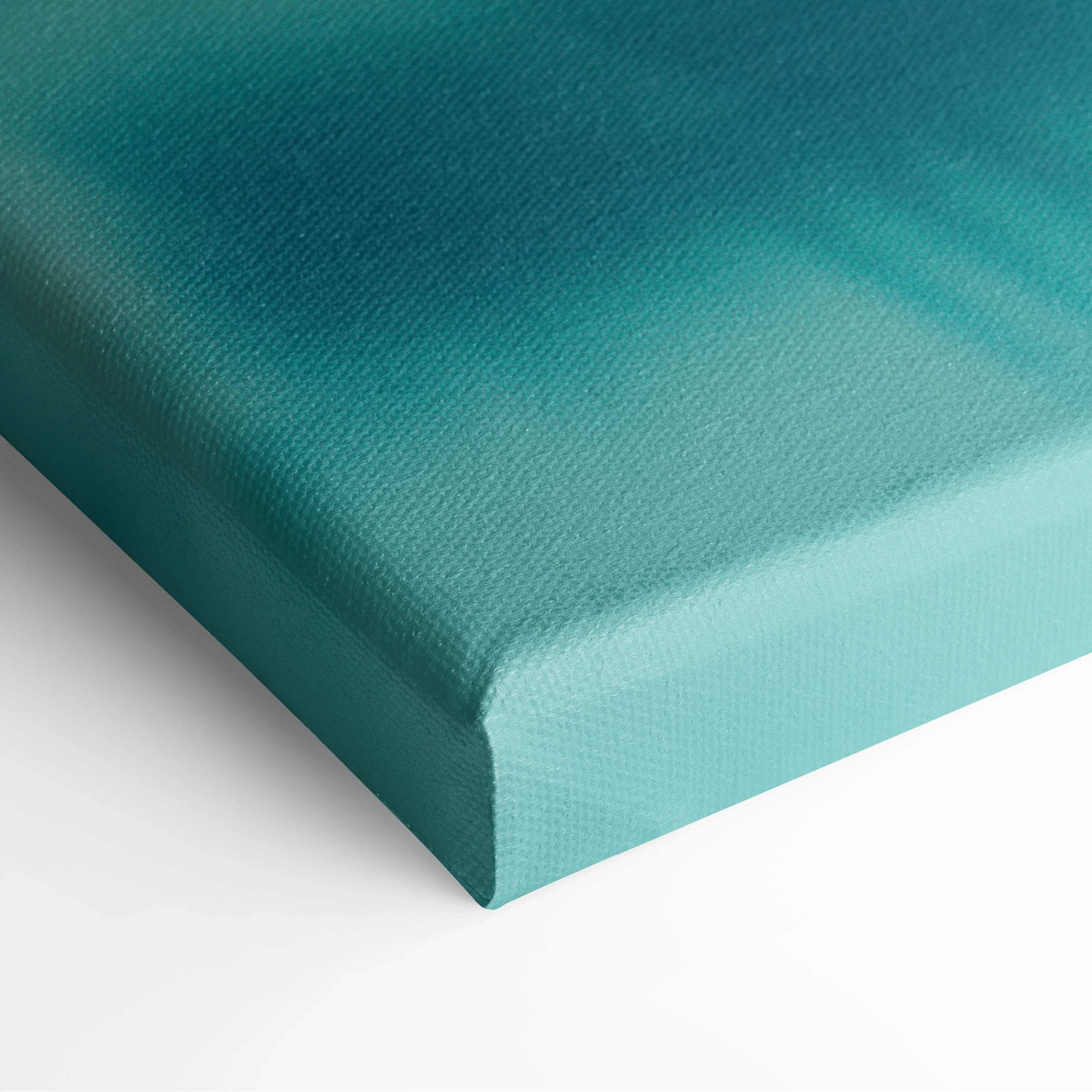 Teal gradient canvas print with textured fabric surface featuring tropical sunset palm fronds over turquoise sea art