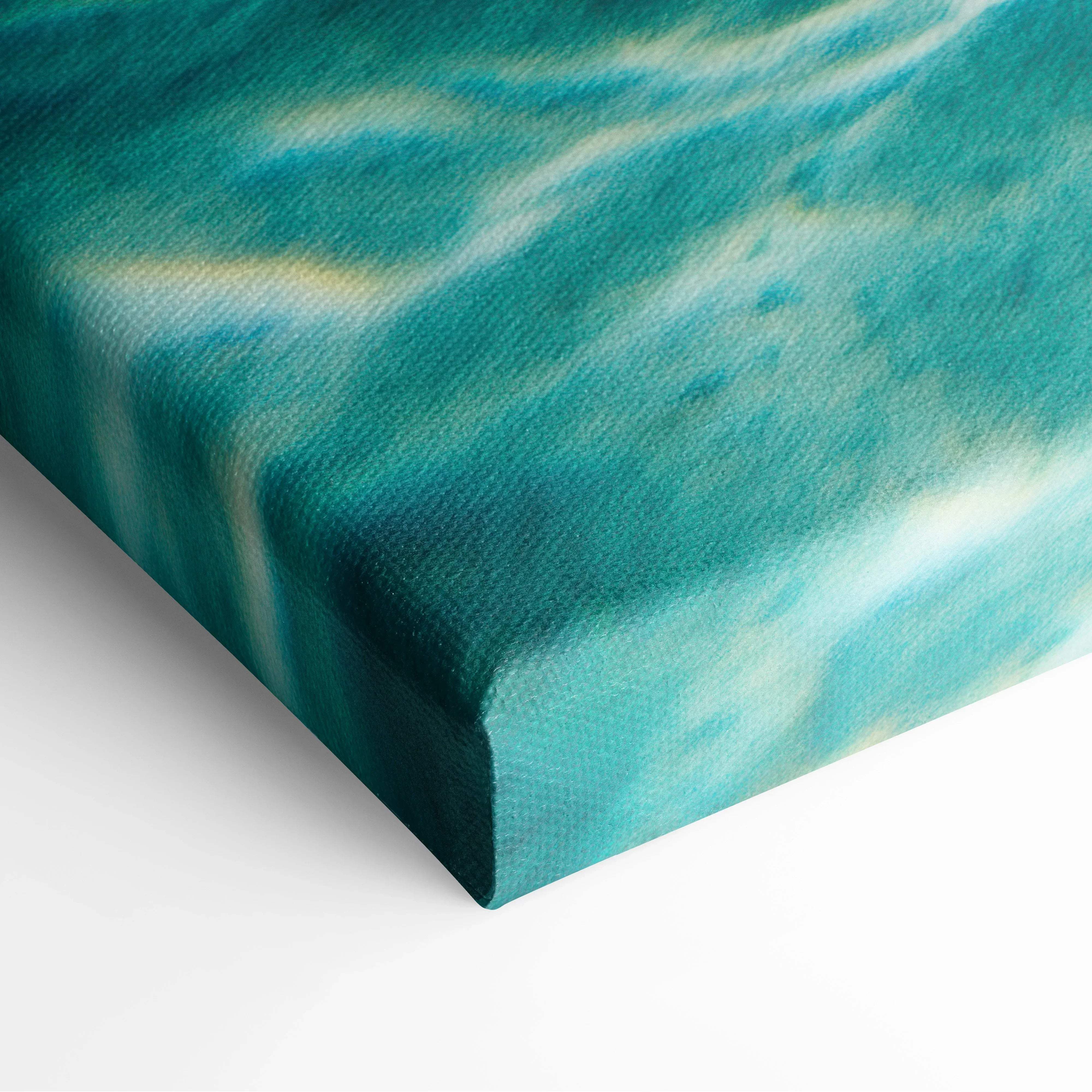 Teal and white abstract watercolor tropical underwater seascape canvas wall art with sunlit turquoise ocean and sun beams