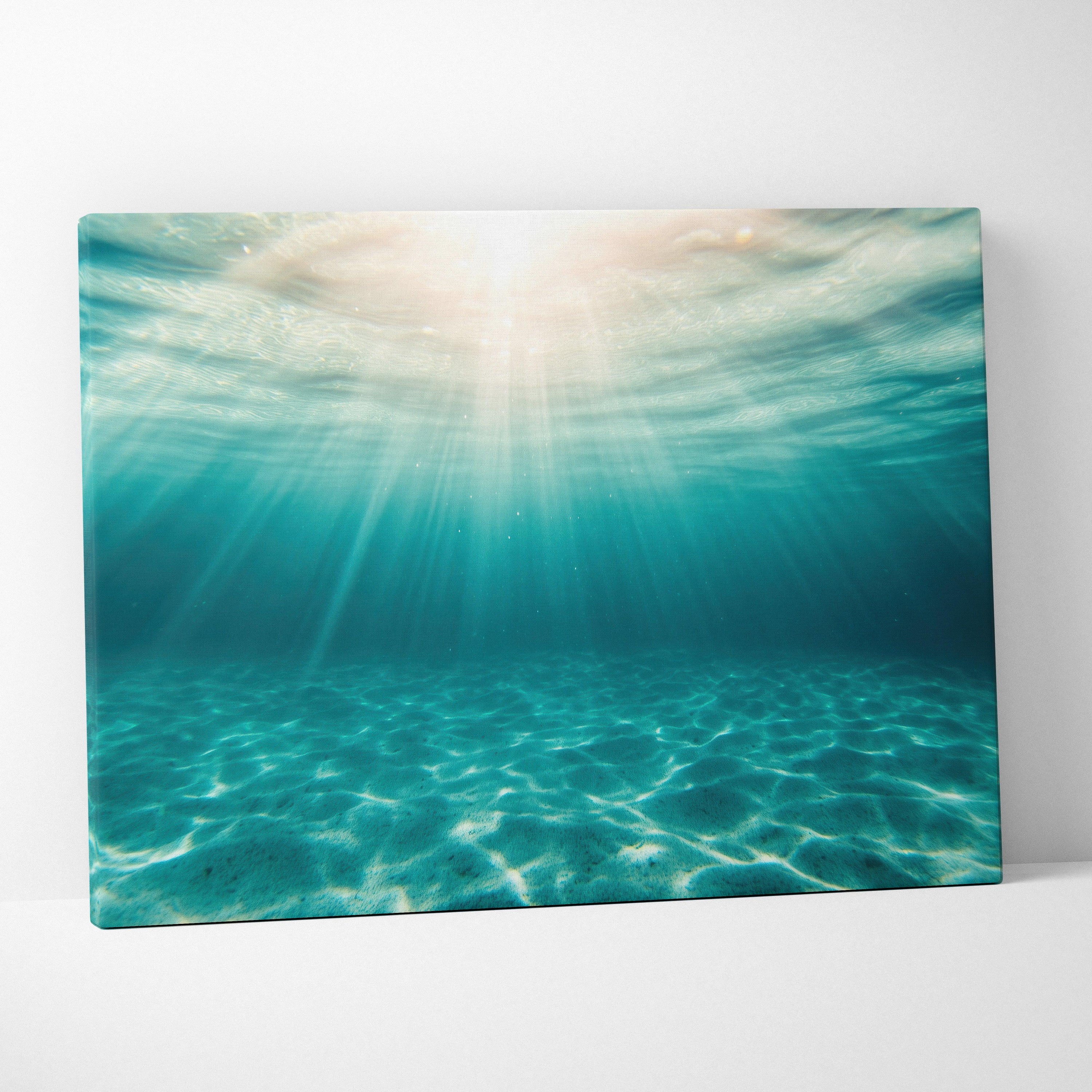 Underwater ocean scene canvas with turquoise water and sun rays shining through surface, digital art wall decor.