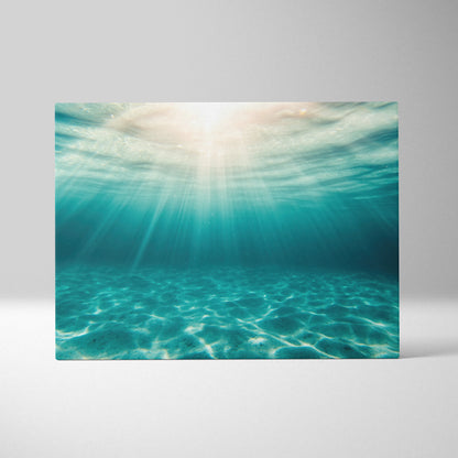 Canvas wall art featuring vibrant underwater ocean scene with sun rays filtering through turquoise water for tropical home.