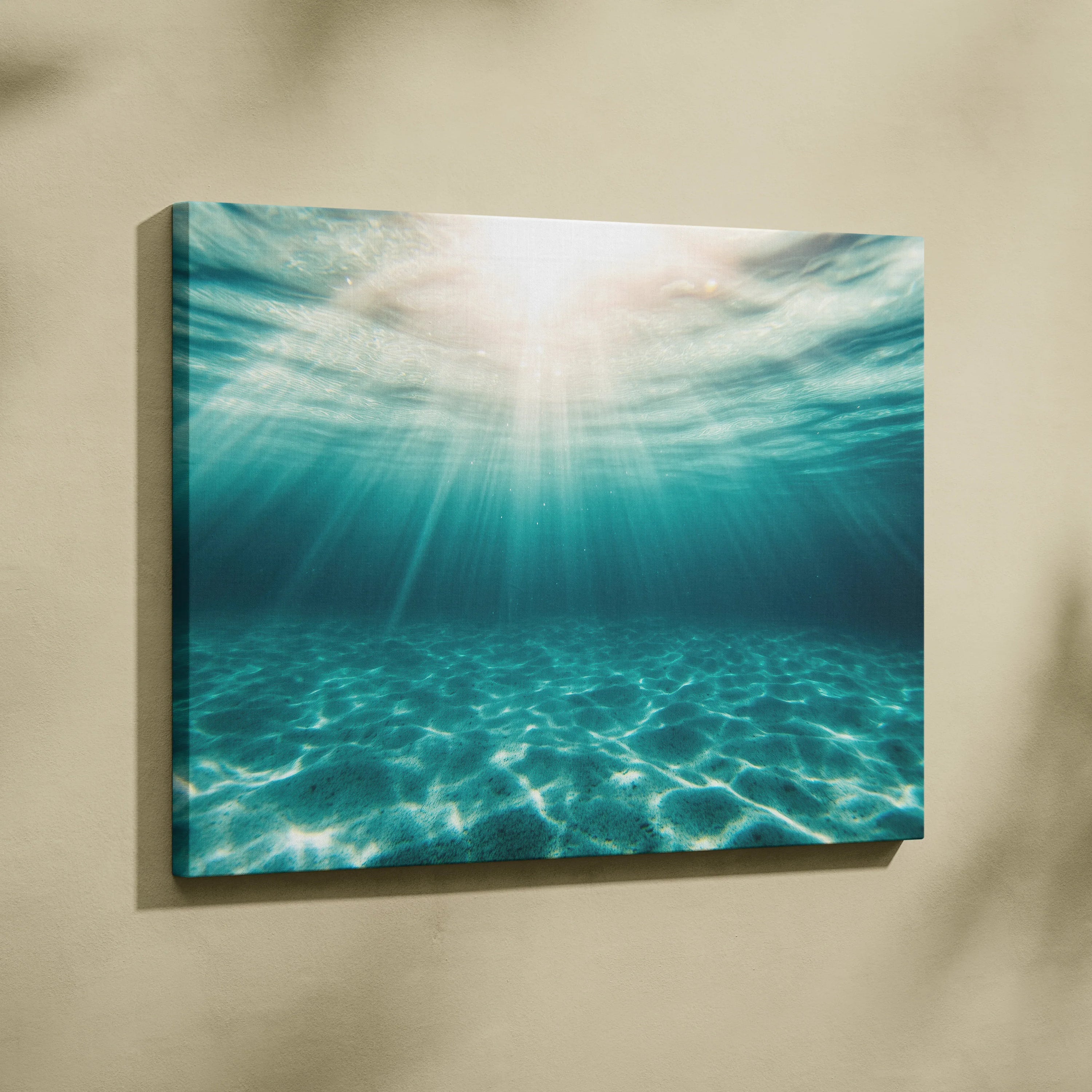 Tropical underwater ocean scene canvas wall art with sun rays and blue water decor.