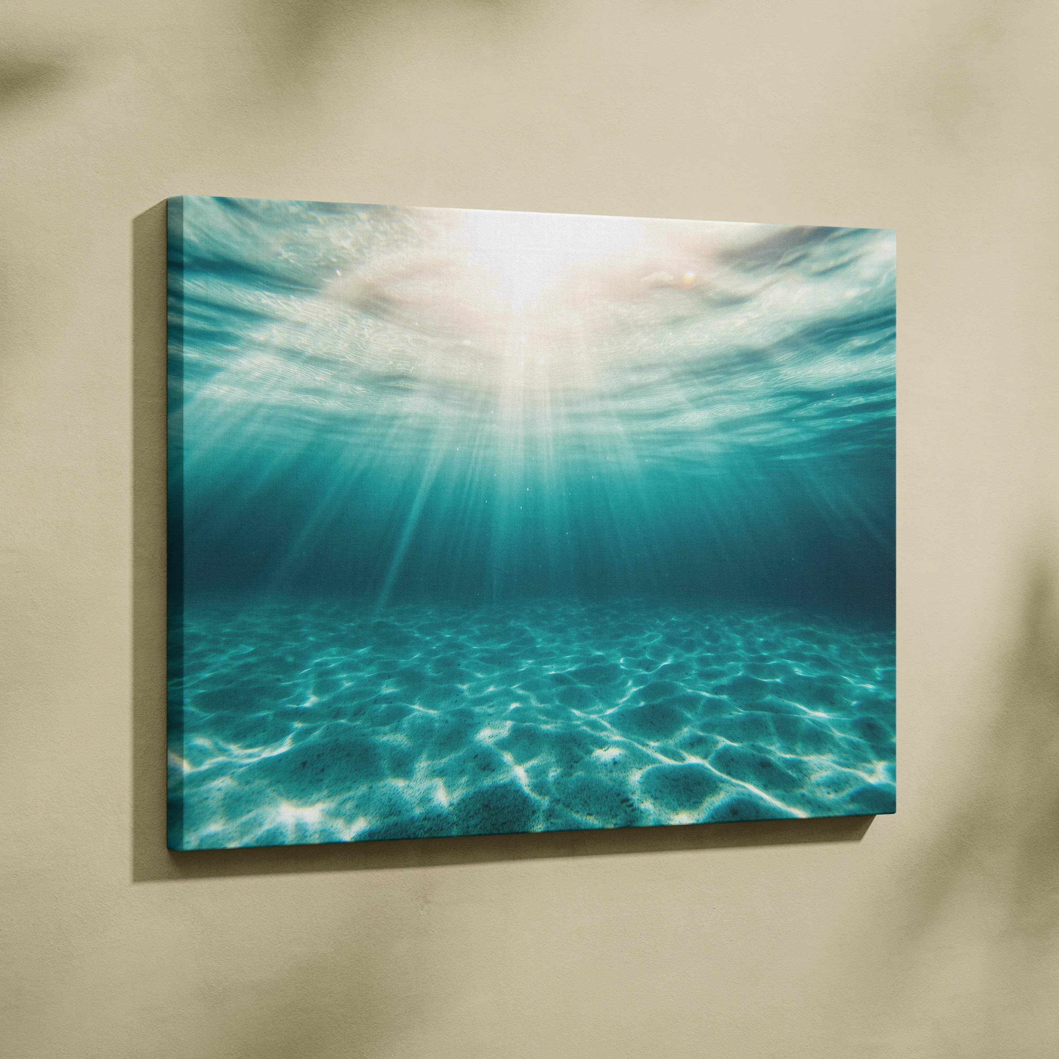 Tropical underwater seascape canvas wall art with sun beams filtering through vibrant turquoise ocean water