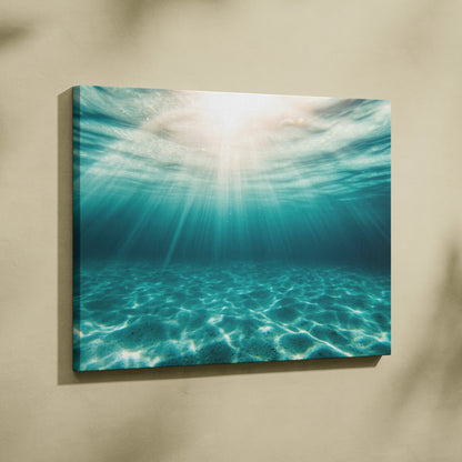 Tropical underwater ocean scene canvas wall art with sun rays and blue water decor.