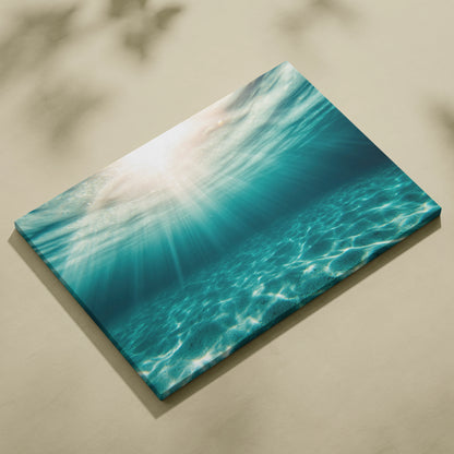 Canvas wall art featuring a tropical underwater ocean scene with sun rays and clear blue water.