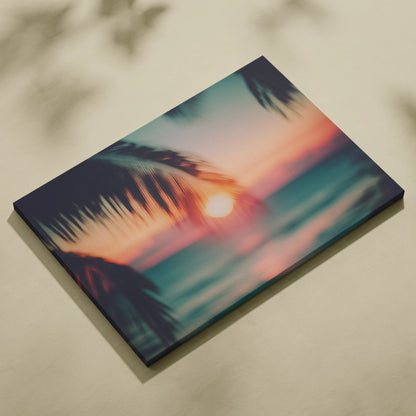 Canvas wall art featuring a tropical sunset with vibrant orange and pink sky and silhouetted palm leaves.
