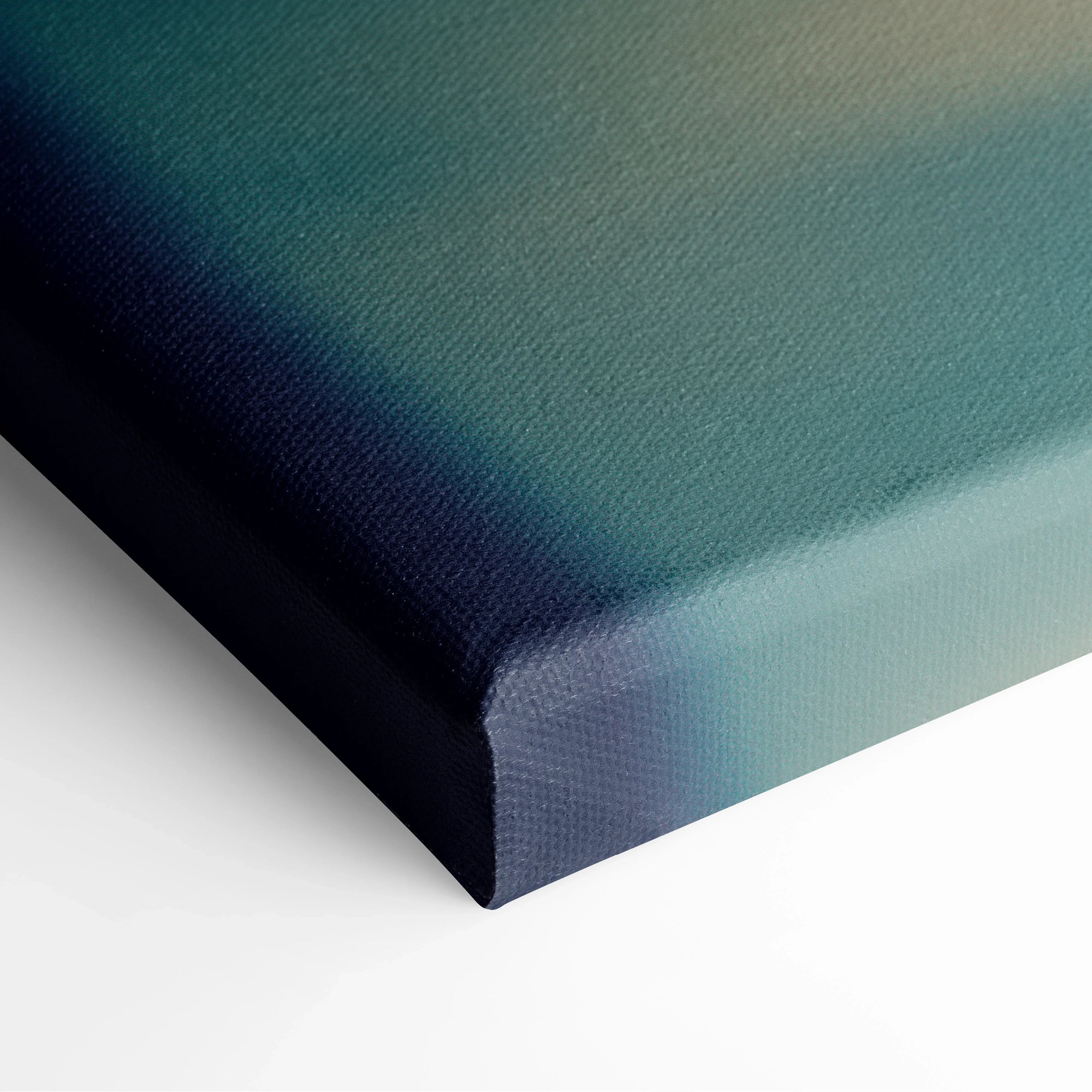 Close-up of canvas edge with gradient teal and dark blue hues, textured surface for wall art decor.