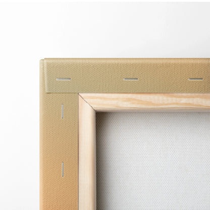 Close-up of wooden stretcher frame and beige canvas backing with metal staples on wall art canvas.