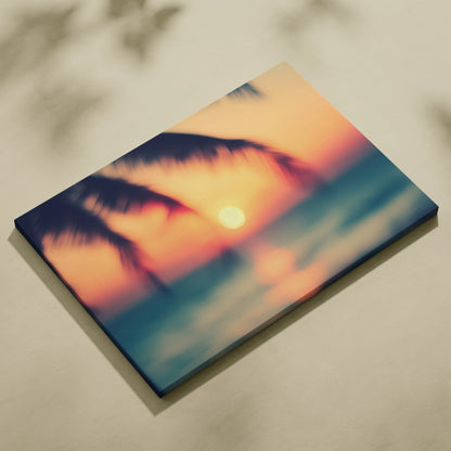 Canvas wall art featuring palm tree silhouettes against a vibrant tropical sunset with orange, pink, and blue ocean glow.