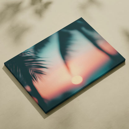Canvas wall art featuring a tropical beach sunset with dark palm leaf silhouettes and soft gradient sky colors.