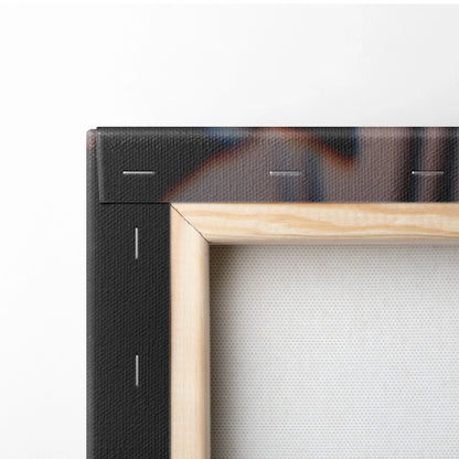 Close-up of wooden frame and black canvas edge detail for wall art decor.