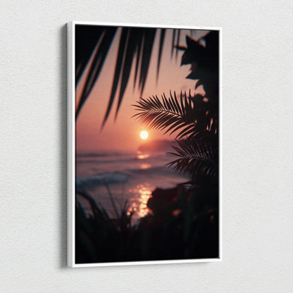 Vertical canvas wall art featuring a tropical sunset with palm leaves silhouetted over ocean waves.