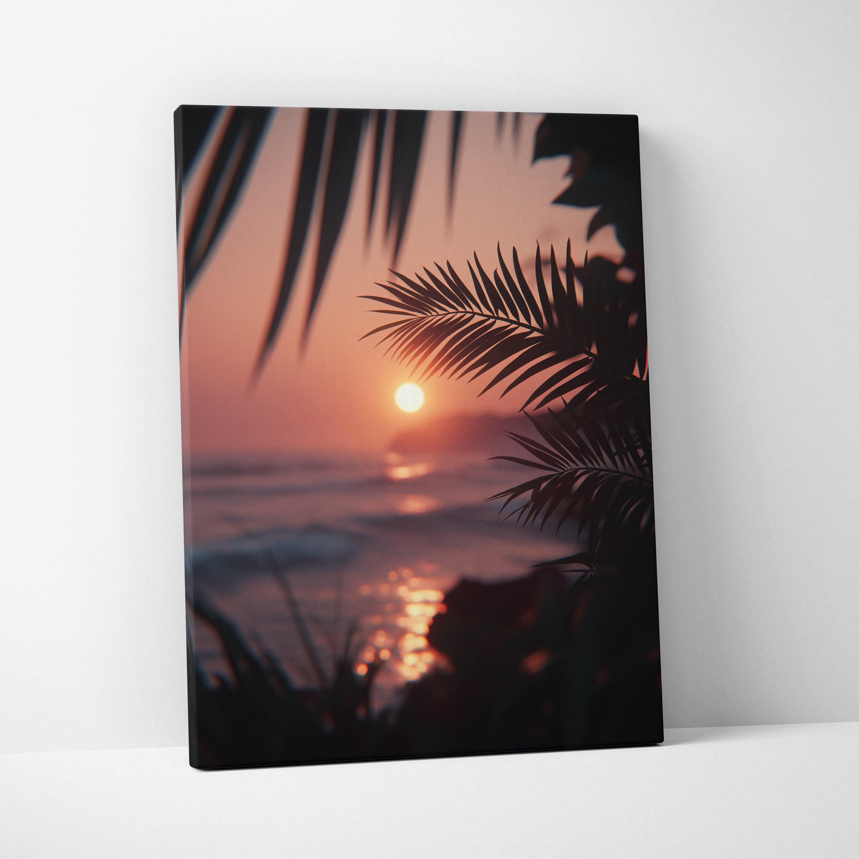 Digital tropical sunset canvas wall art with silhouetted palm leaves over shimmering ocean waves, warm tones decor.