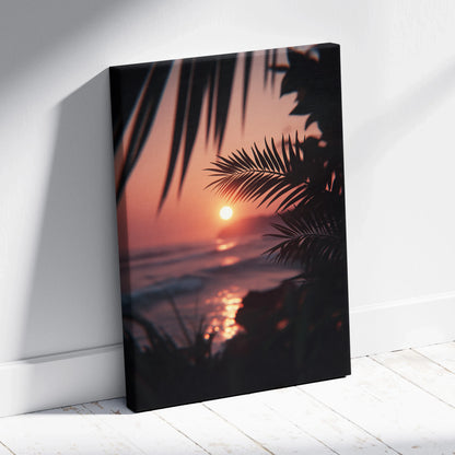 Canvas wall art featuring a tropical sunset with orange sun, palm leaves silhouette, and ocean waves.