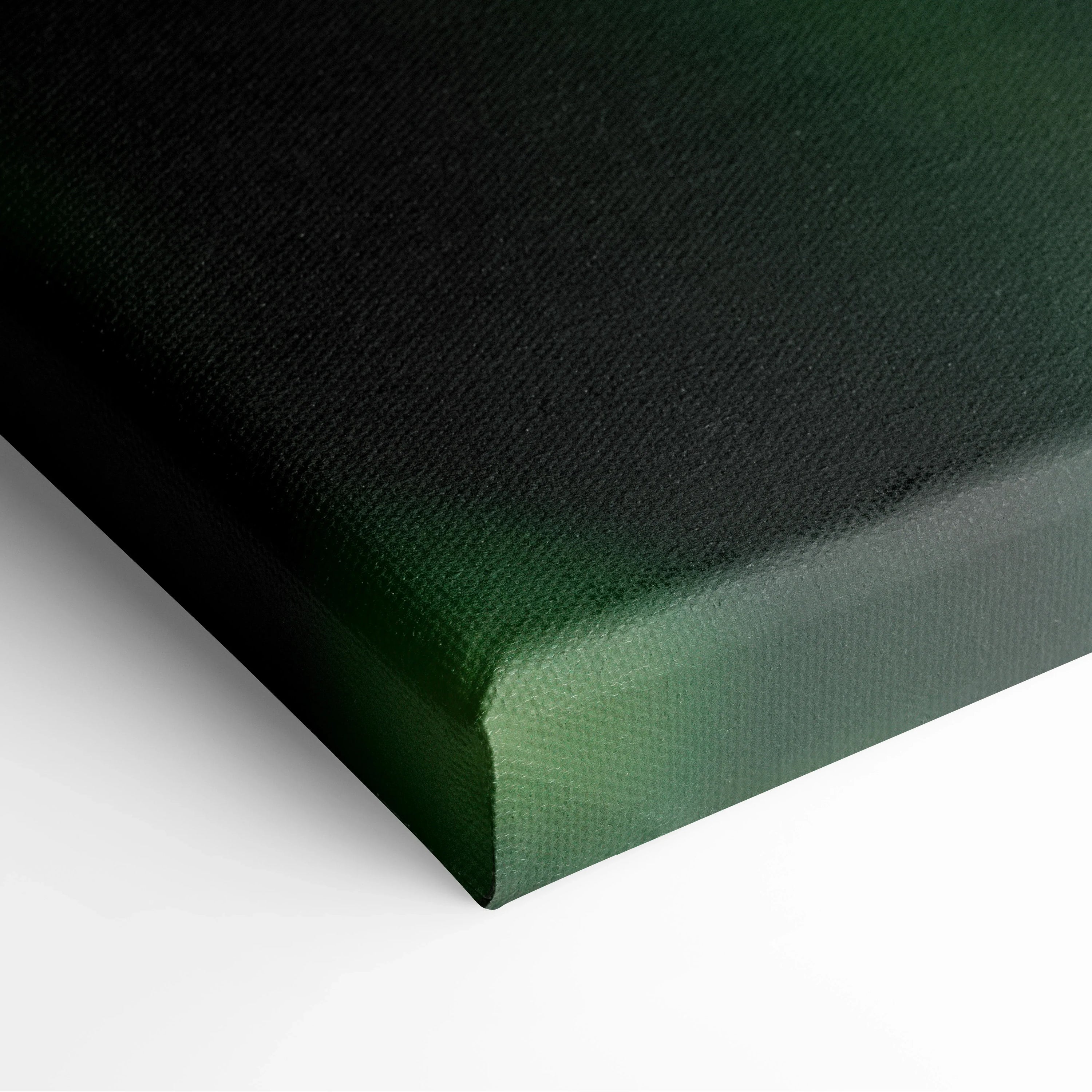Corner of stretched canvas print featuring dark green tropical palm fronds with smooth texture and wrapped edges.