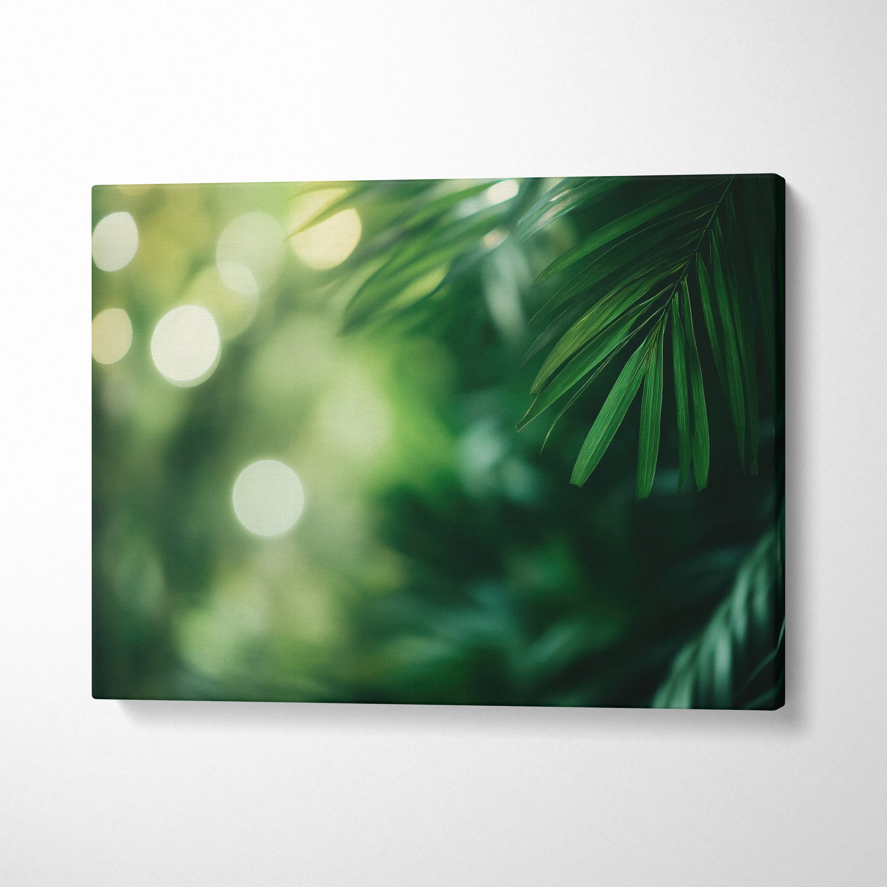 Tropical leaves digital art on canvas with palm fronds in green tones wall art decor.