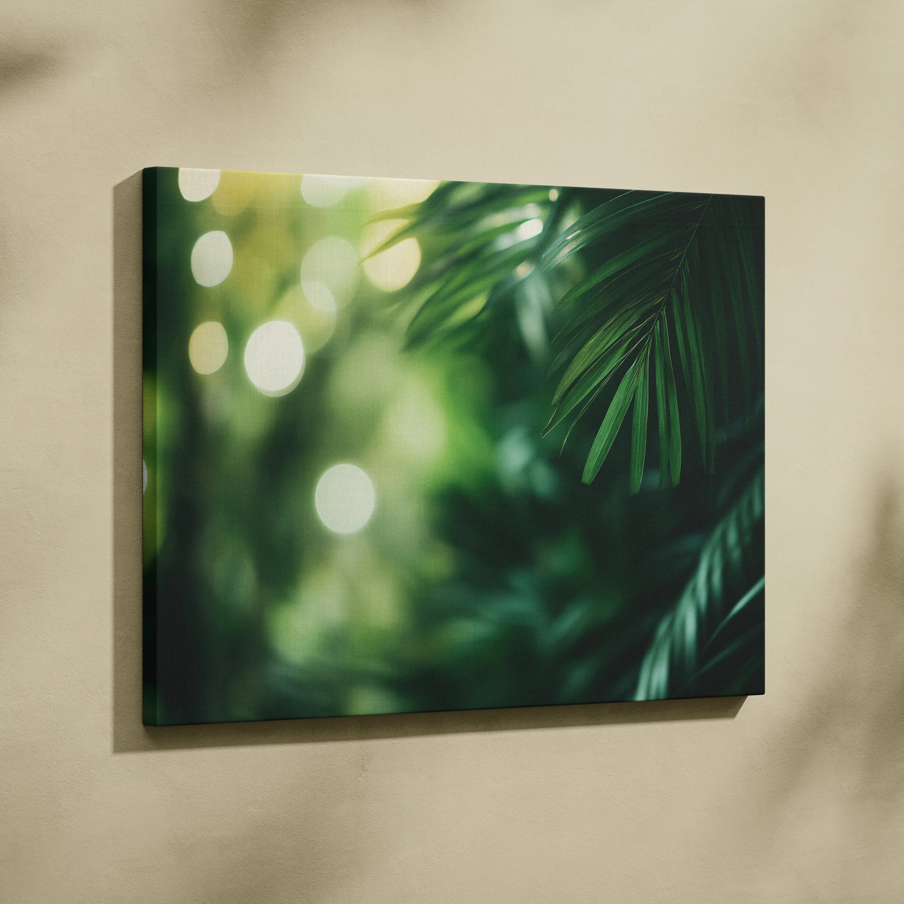 Canvas wall art featuring green tropical palm fronds with blurred bokeh background in soft light.
