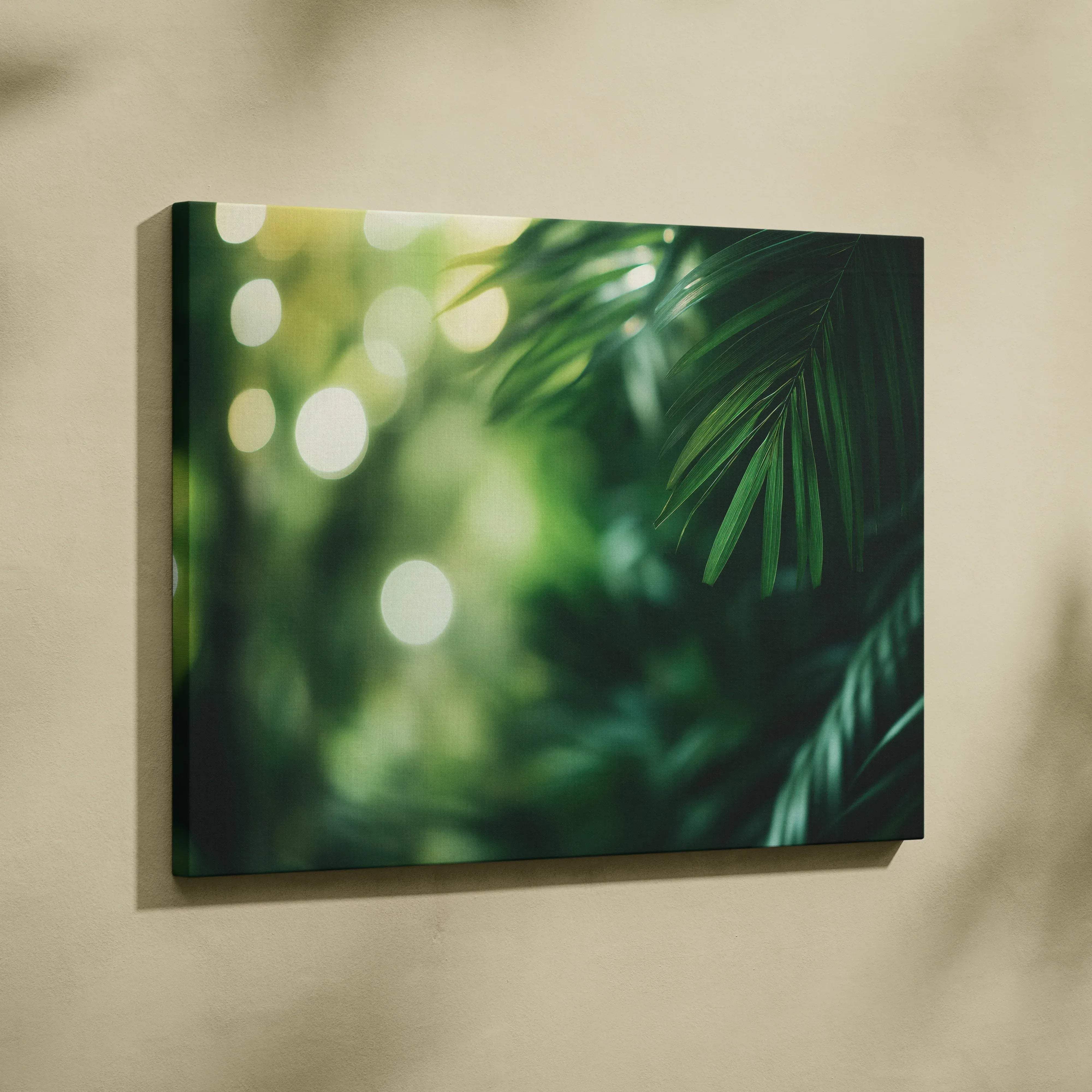 High resolution museum quality canvas wall art of emerald green tropical palm fronds with warm sunlit bokeh effects