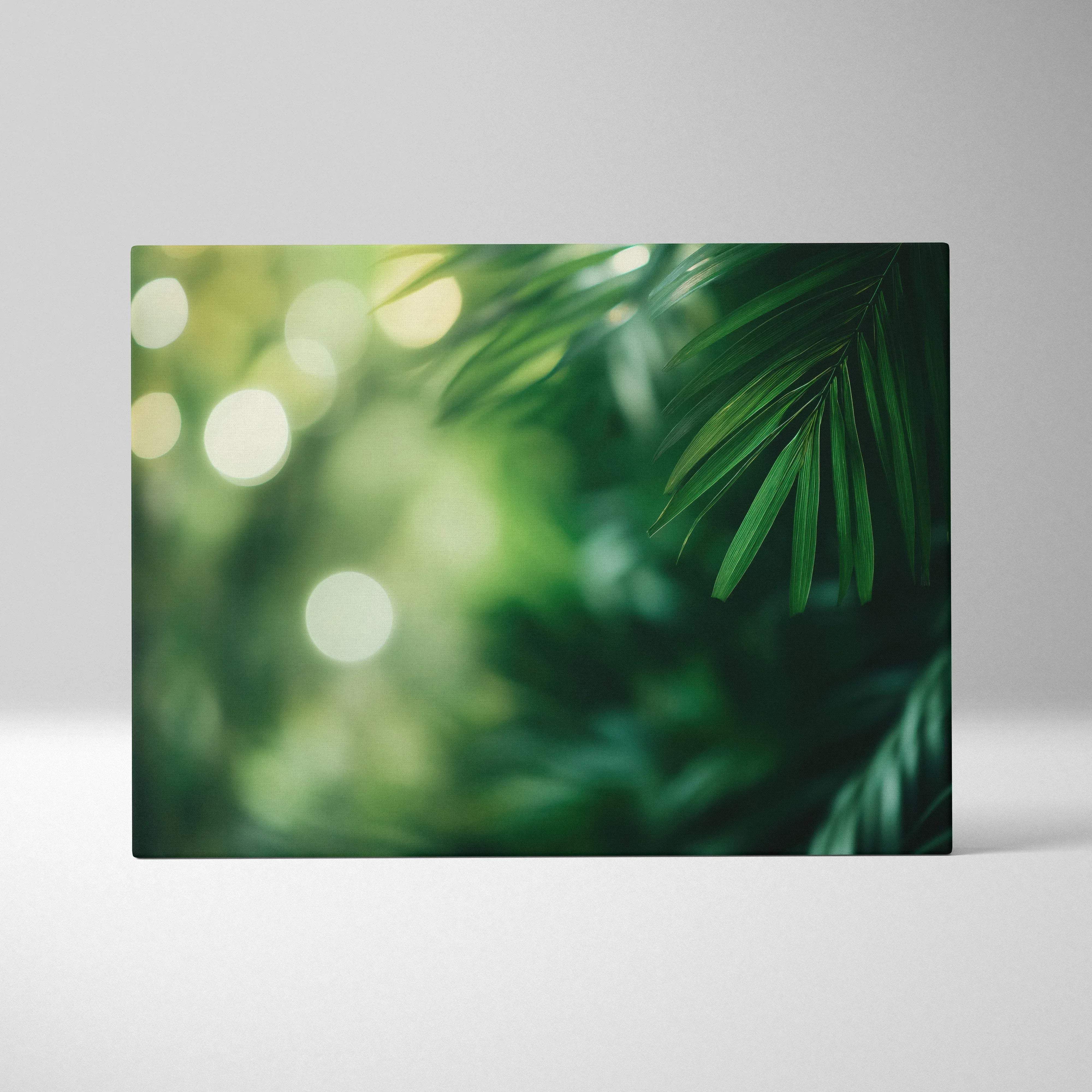 High resolution rectangular canvas print of vibrant green tropical palm fronds with warm sunlit coastal glow background