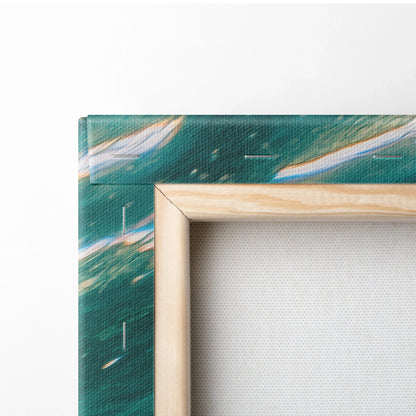 Wood-framed canvas wall art with vibrant turquoise underwater scene and sun rays filtering through water surface.