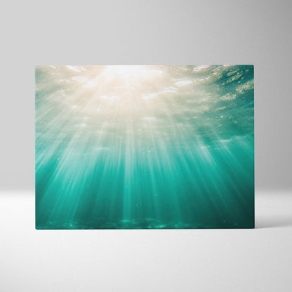 Tropical underwater scene with sun rays penetrating turquoise water on canvas wall art.