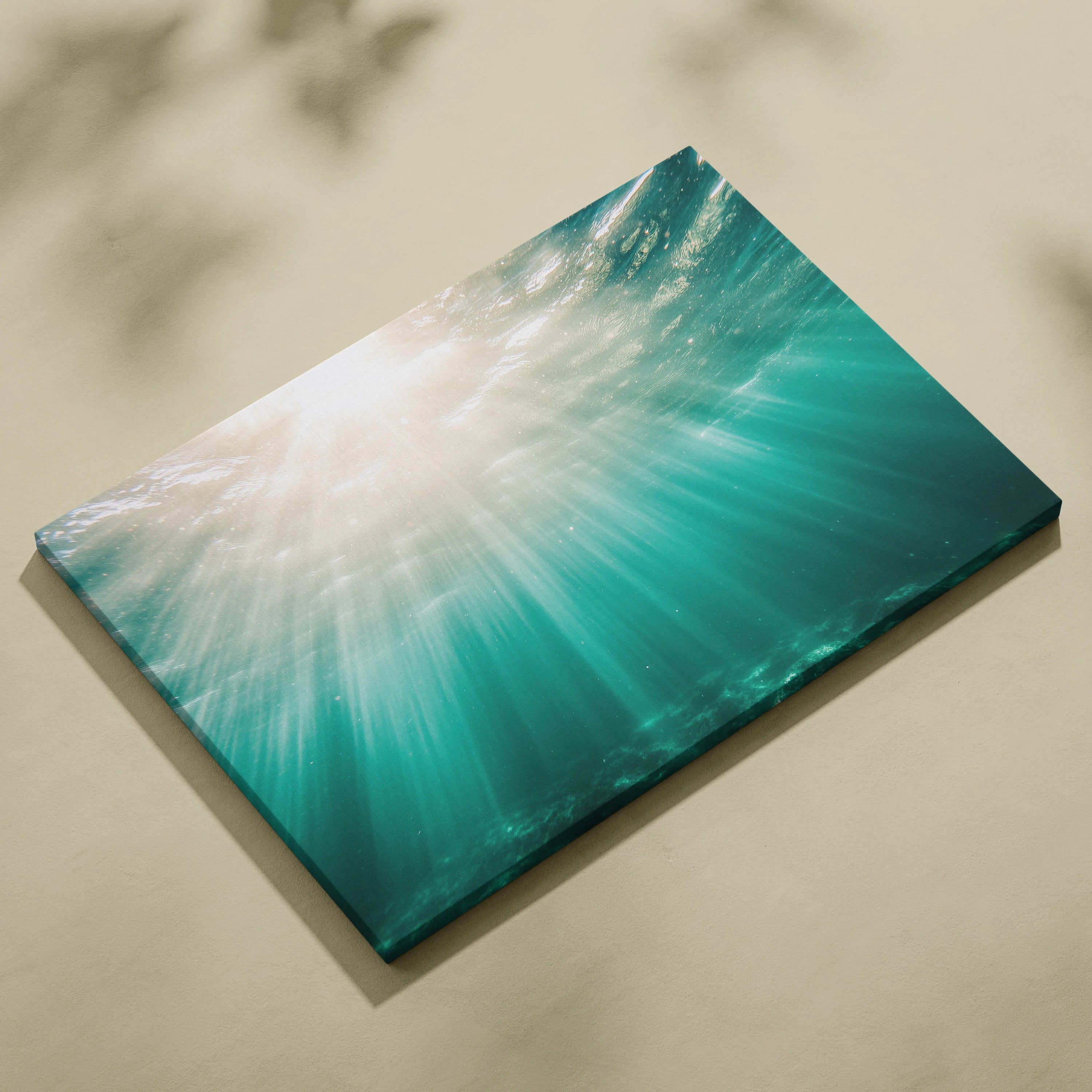 Canvas wall art featuring tropical underwater scene with sun rays piercing turquoise water.