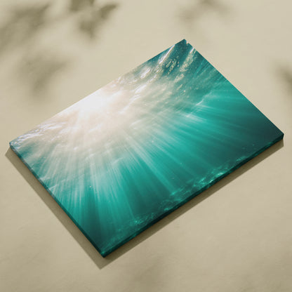 Canvas wall art featuring tropical underwater scene with sun rays piercing turquoise water.
