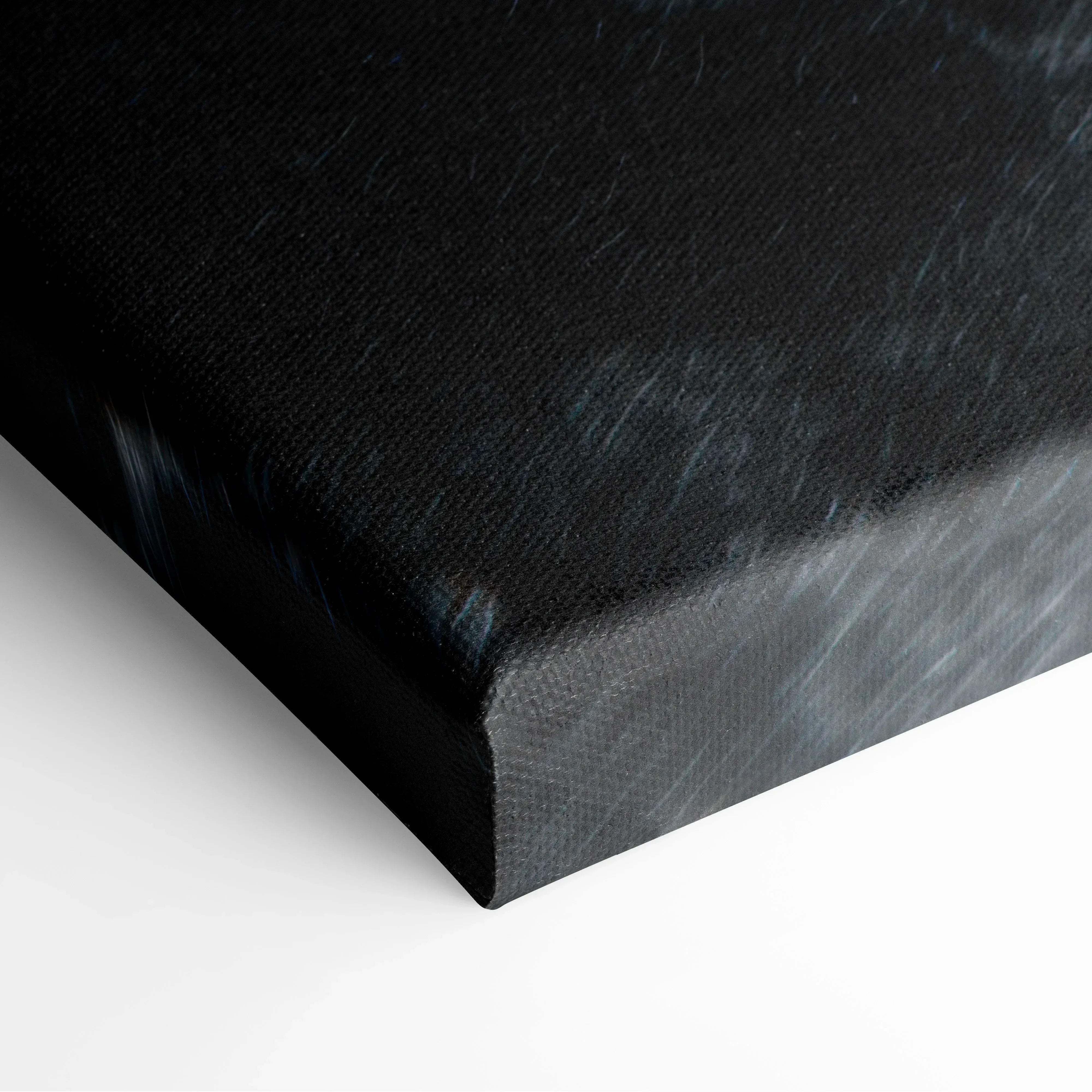 Black canvas print with textured slightly glossy finish featuring abstract ink wash in monochrome for living room decor