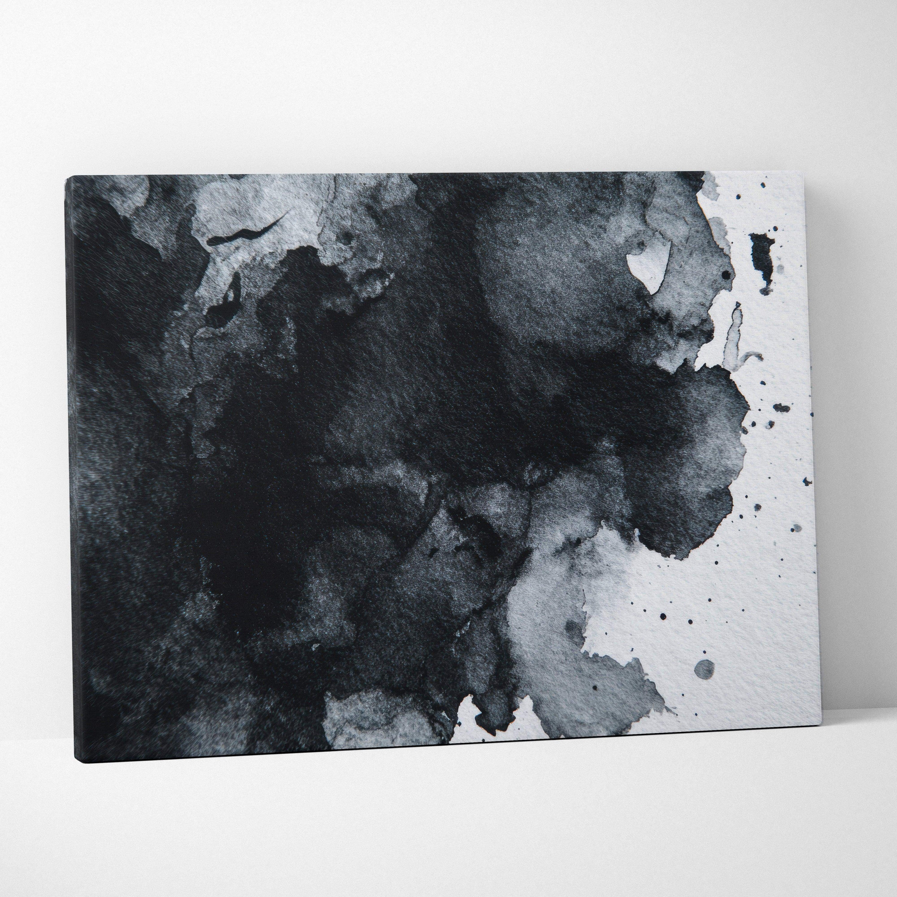 Black and gray abstract watercolor texture on rectangular canvas wall art.