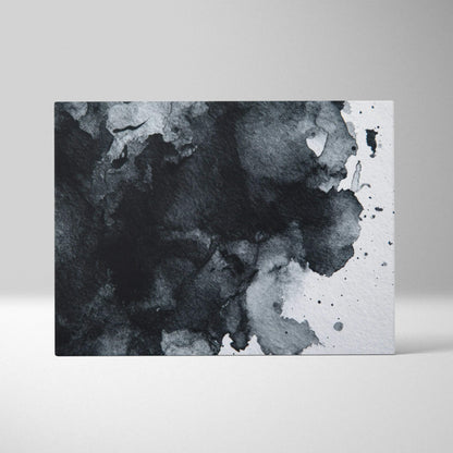 Black and gray abstract watercolor design on rectangular canvas wall art.