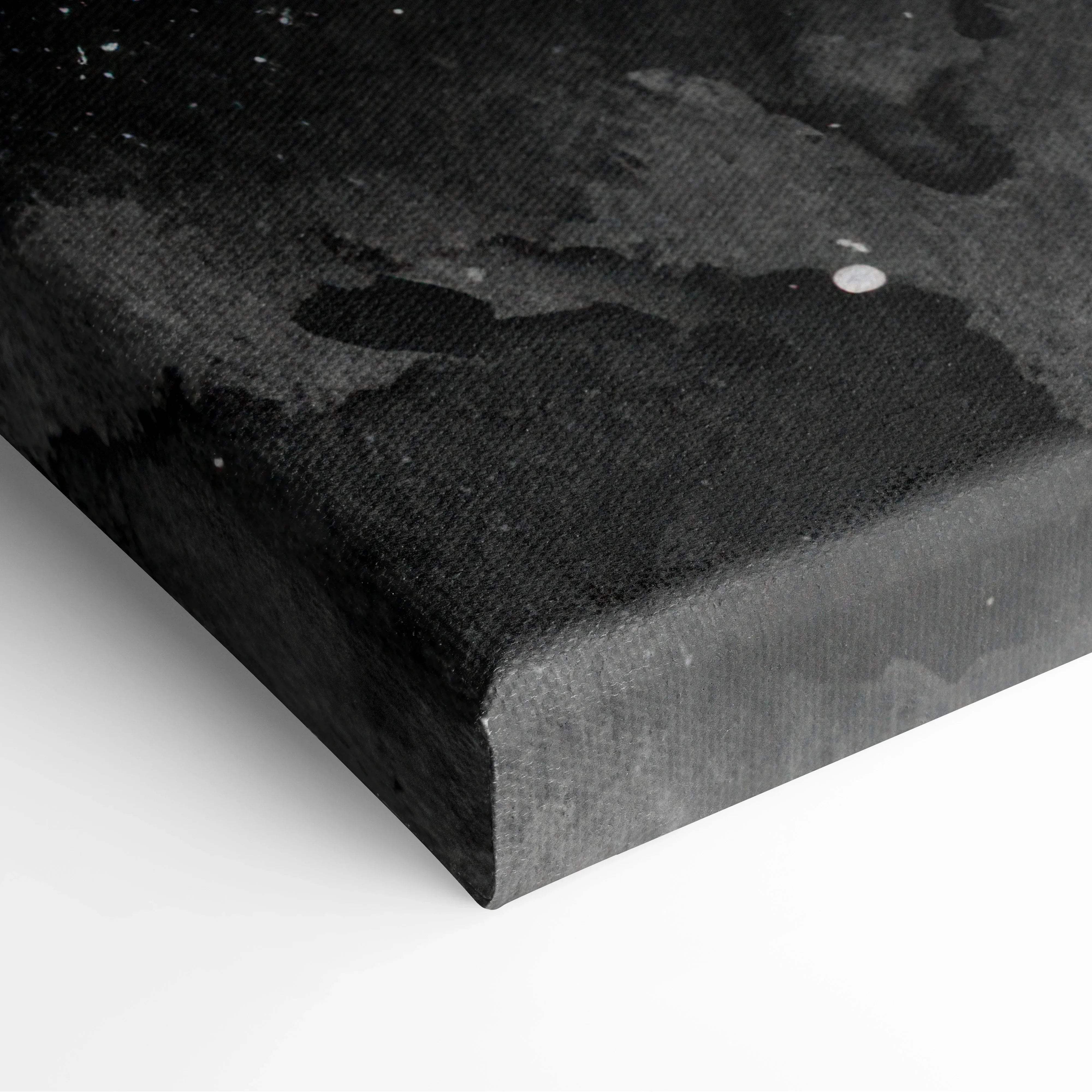 Black canvas print featuring textured abstract watercolor swirl and splash pattern in moody gray tones for modern rooms