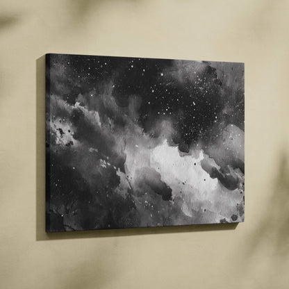 Abstract black and white digital art canvas with cloud and star patterns for wall art decor.