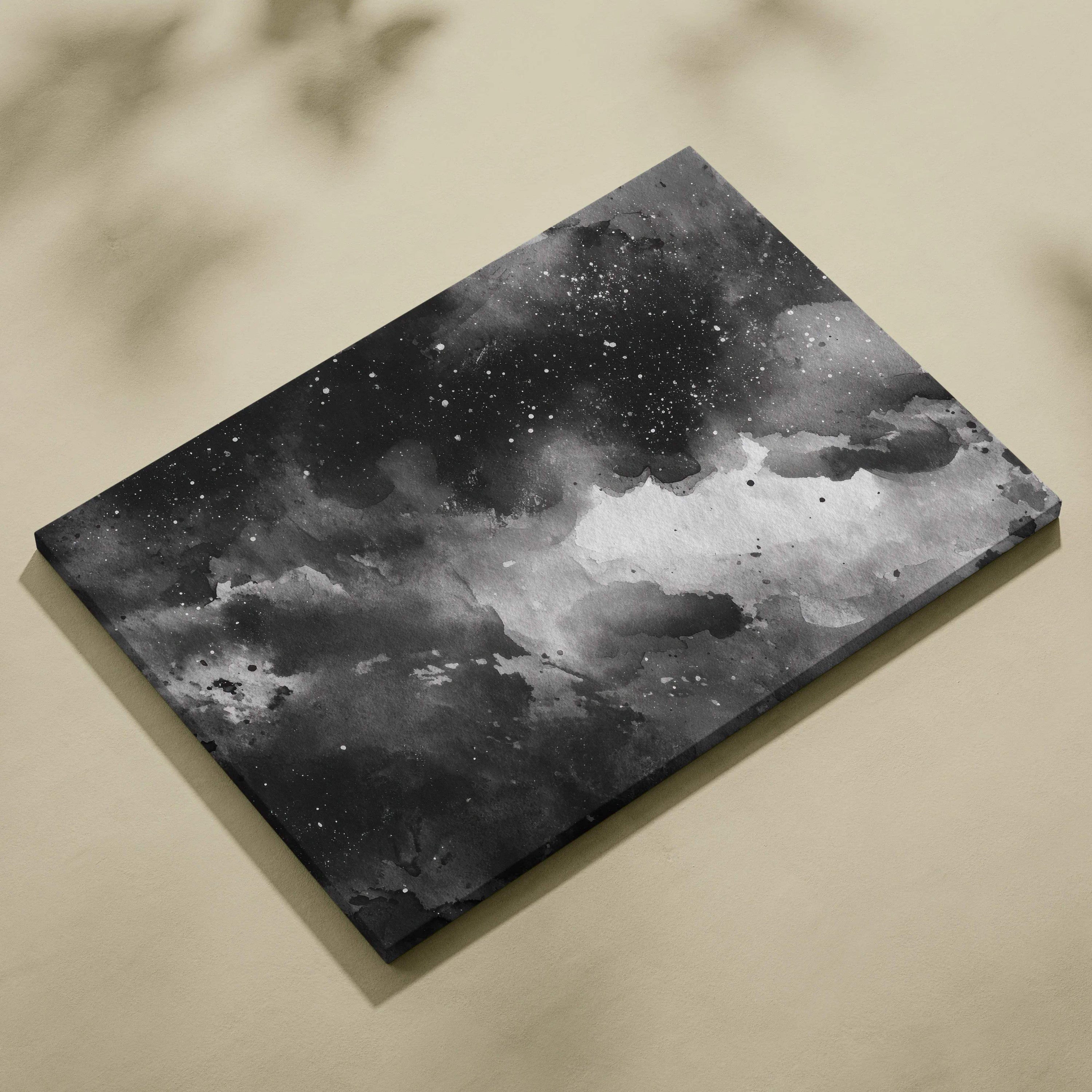Black and white abstract digital art canvas with swirling cloud-like shapes and starry speckles, square wall art canvas.