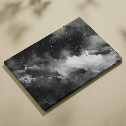 Black and white abstract digital art canvas with swirling cloud-like shapes and starry speckles, square wall art canvas.