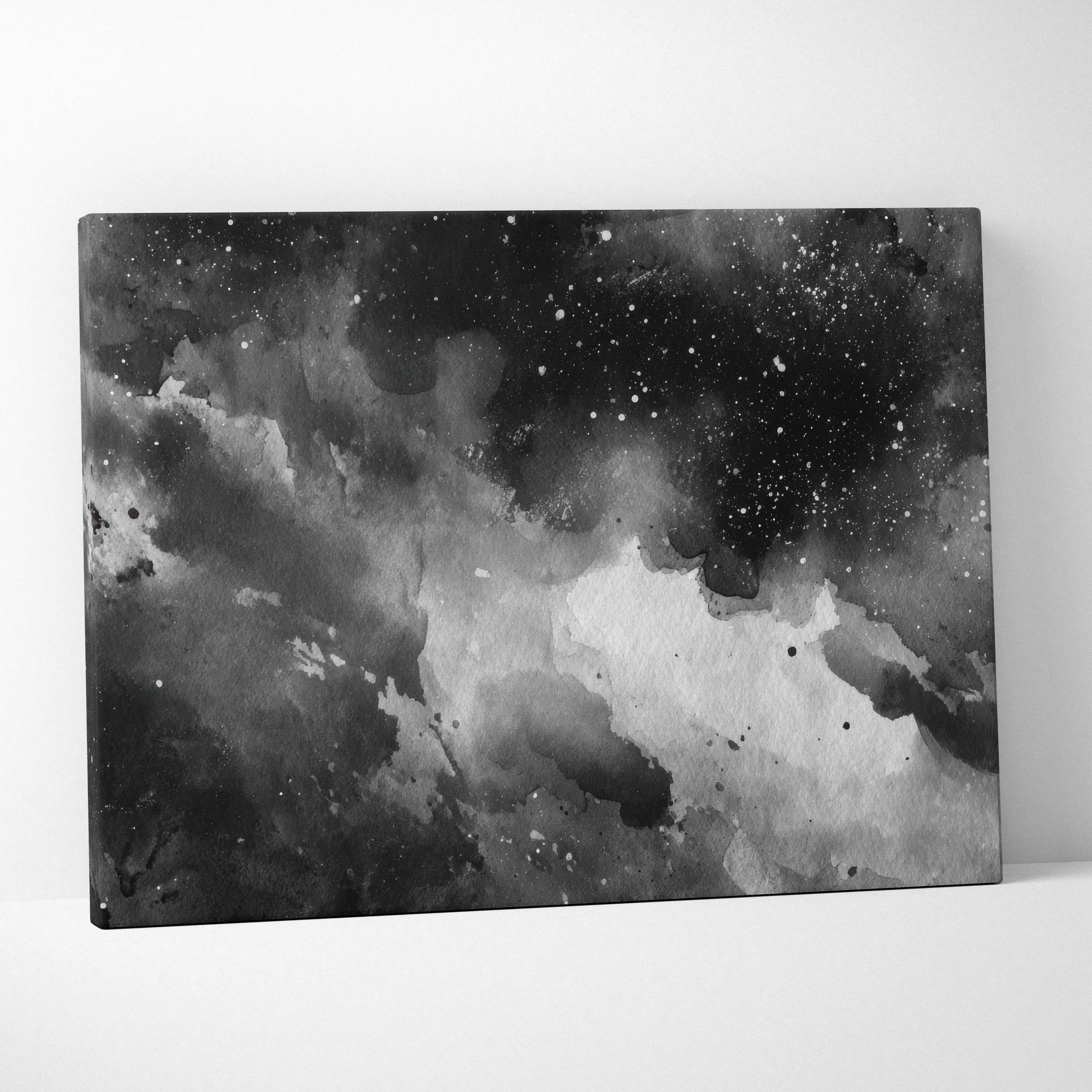 Black and white abstract digital art canvas with cosmic and cloud-like textures, wall art canvas print.