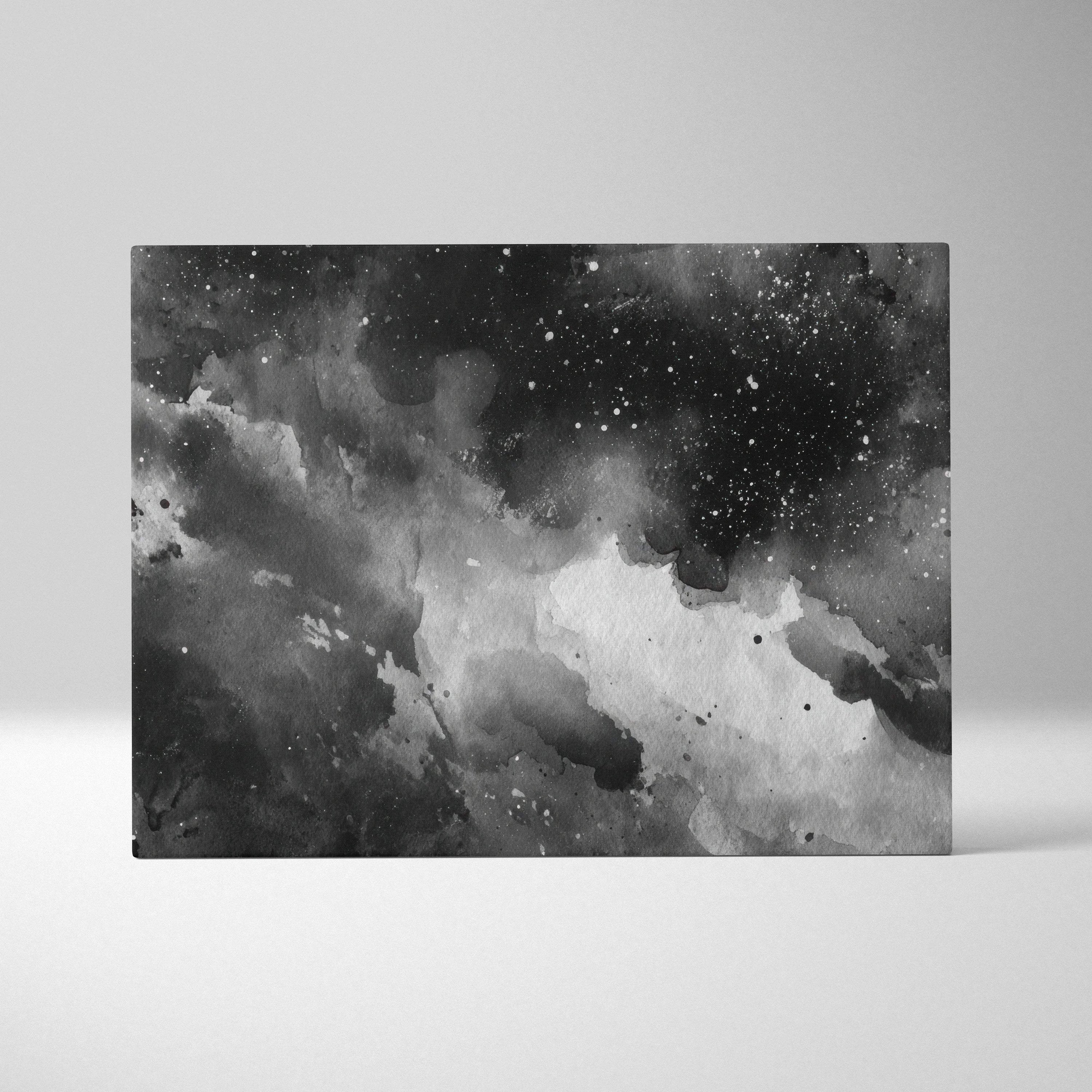 Black and white abstract digital art on canvas with swirling cloud-like patterns and speckled stars for wall decor.