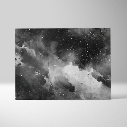 Black and white abstract digital art on canvas with swirling cloud-like patterns and speckled stars for wall decor.