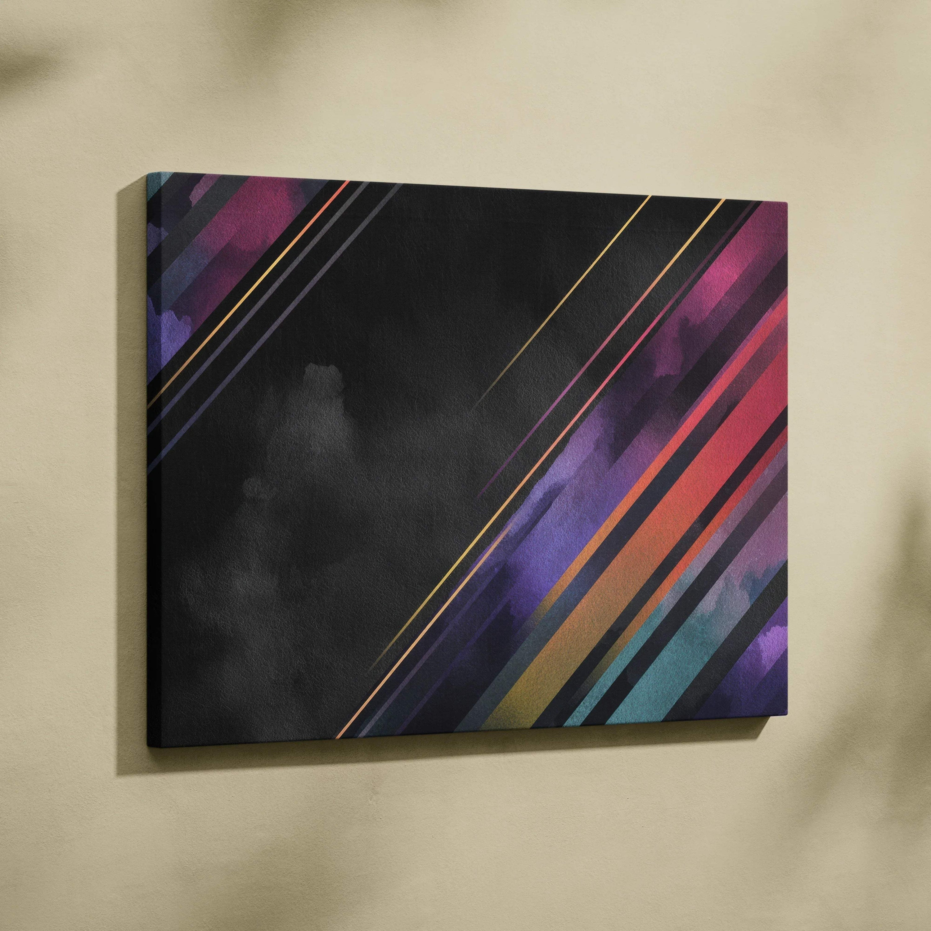 Abstract digital art canvas wall decor with diagonal gold lines and vibrant multicolor stripes on black background.