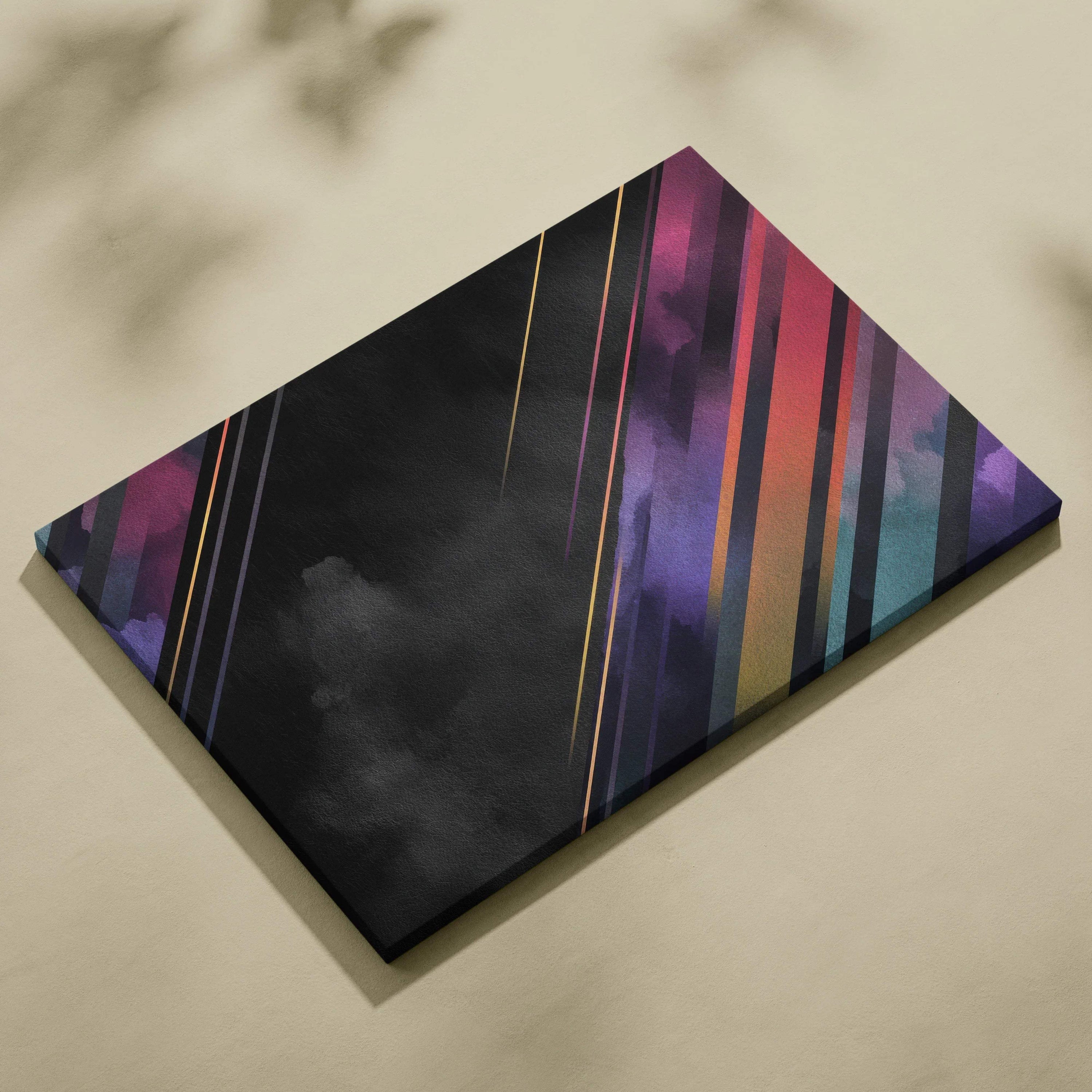 Abstract digital art canvas wall art with black, purple, and multicolor vertical stripes and gold accents.