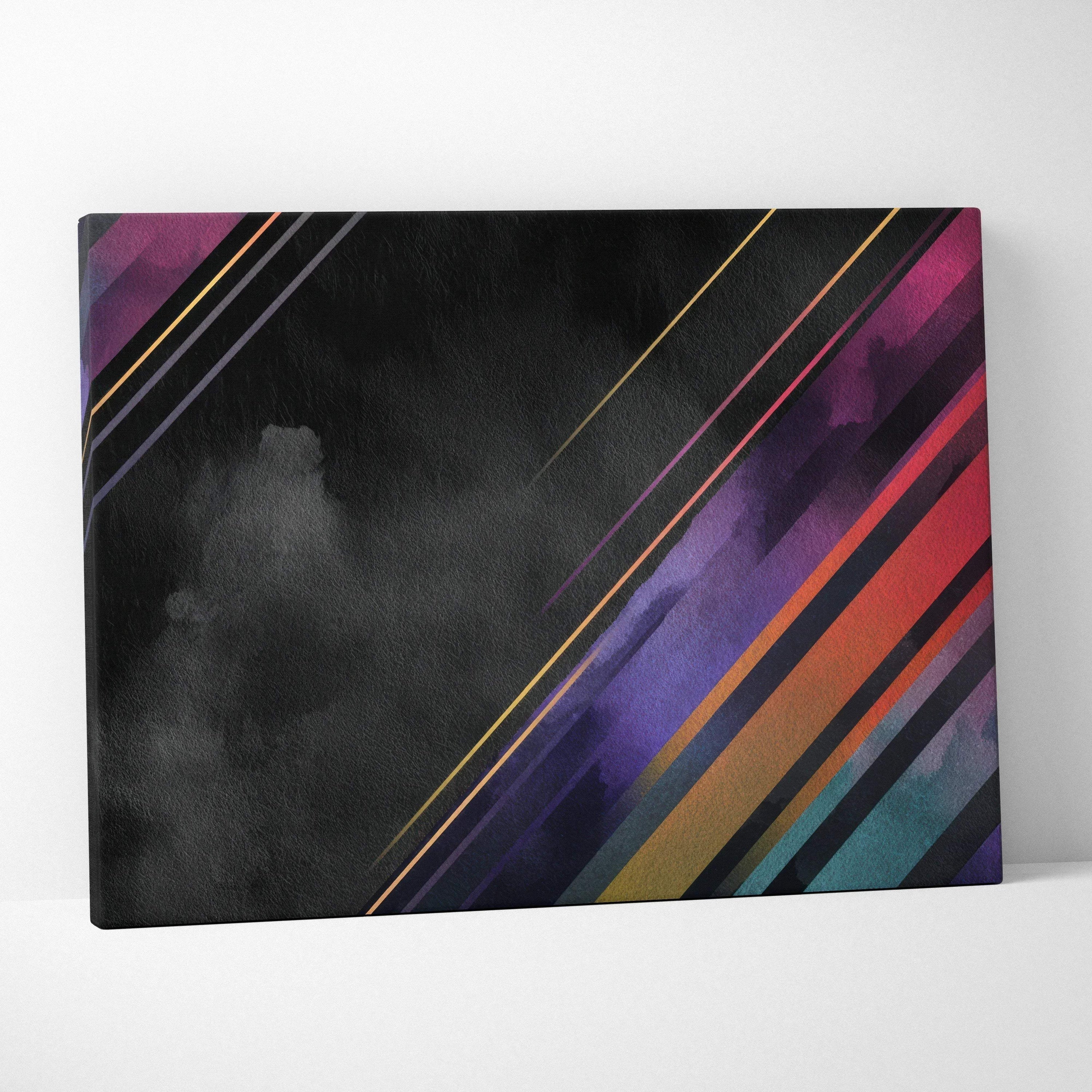 Abstract canvas art with diagonal lines and geometric shapes in black, purple, red, and teal wall art.