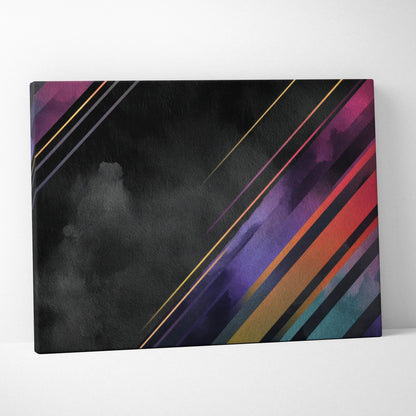Abstract canvas art with diagonal lines and geometric shapes in black, purple, red, and teal wall art.