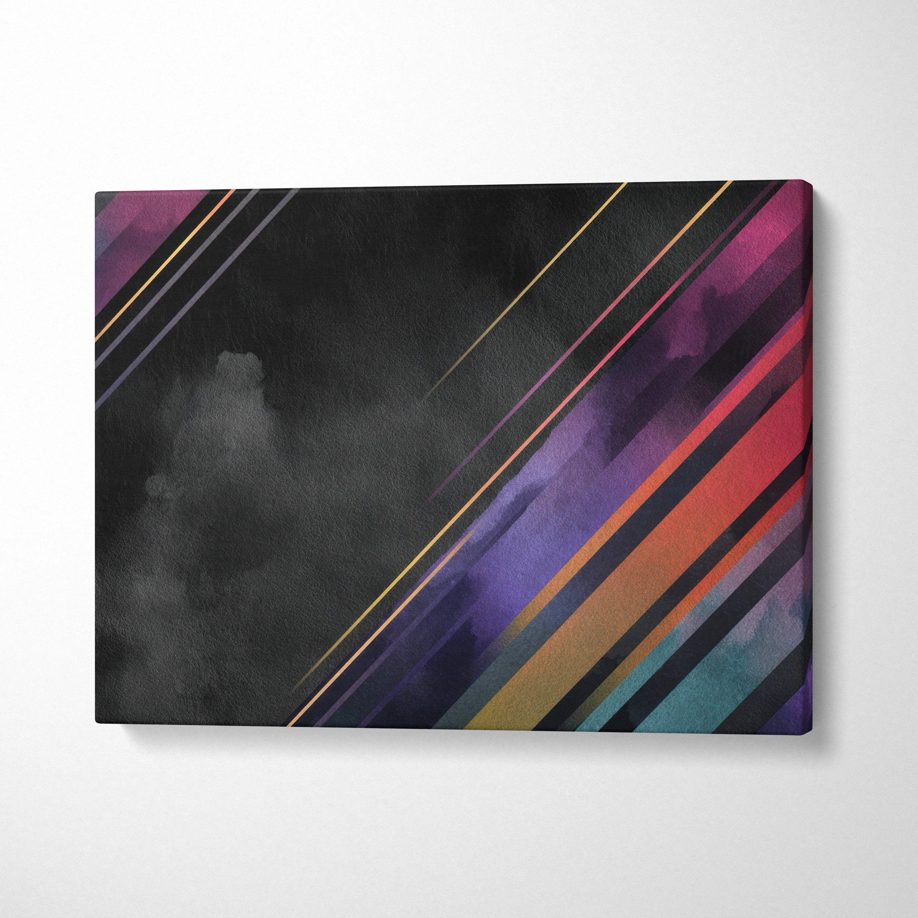 Abstract digital art canvas wall decor with diagonal colorful stripes and dark smoky background.