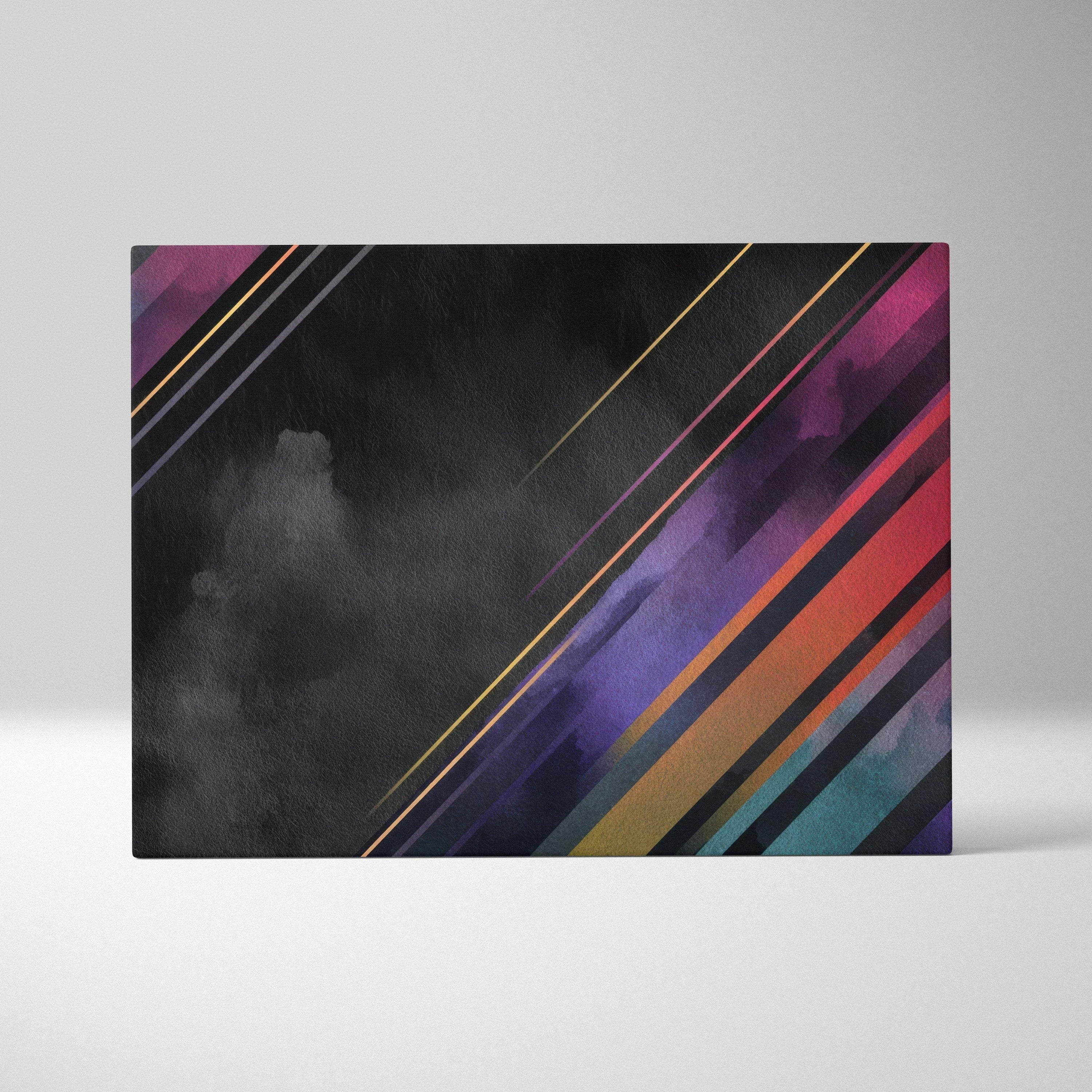 Abstract digital art canvas with diagonal stripes in black, purple, red, orange, blue, and gold tones.
