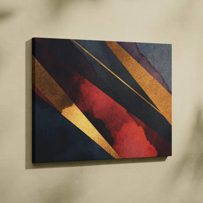 Abstract digital canvas art with bold diagonal stripes in deep red, navy, and metallic gold tones.