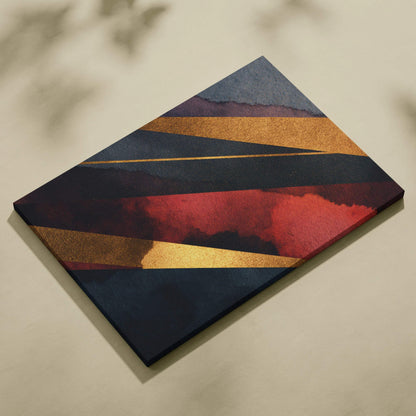 Abstract canvas wall art with intersecting dark blue, gold, and deep red geometric shapes.