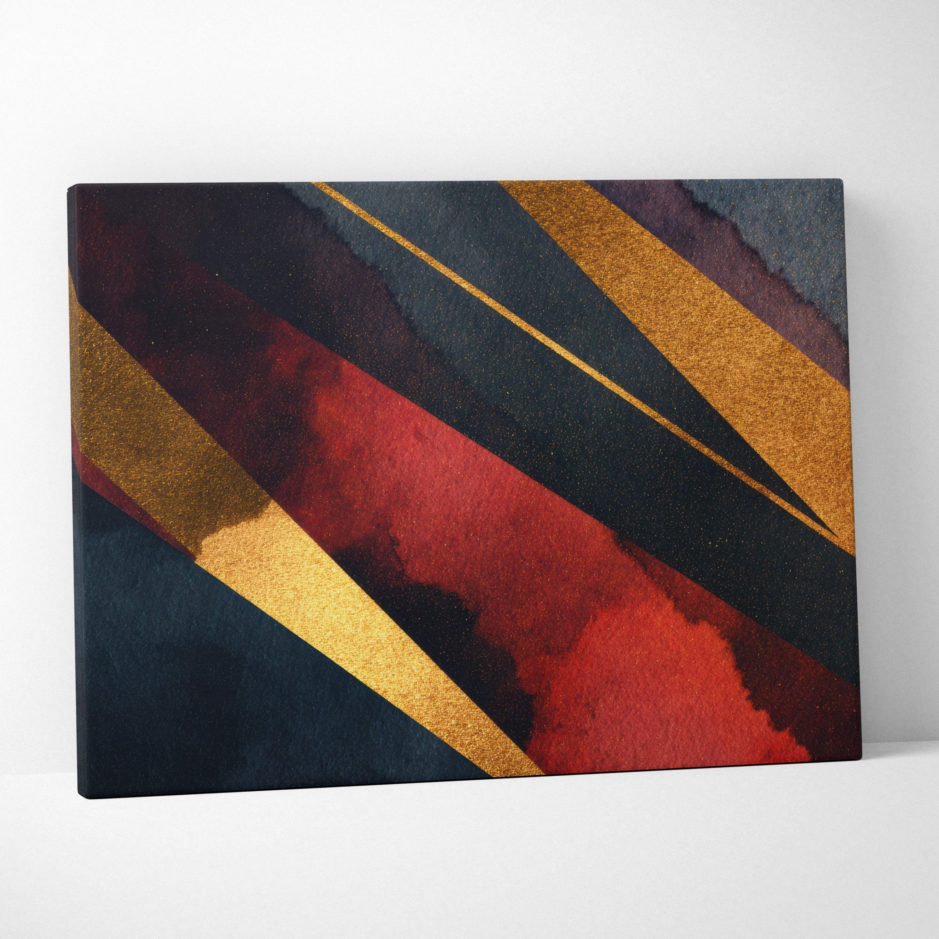 Abstract digital canvas art featuring bold red, black, and gold geometric shapes with textured gradients.