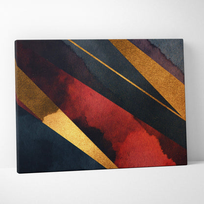 Abstract digital canvas art featuring bold red, black, and gold geometric shapes with textured gradients.